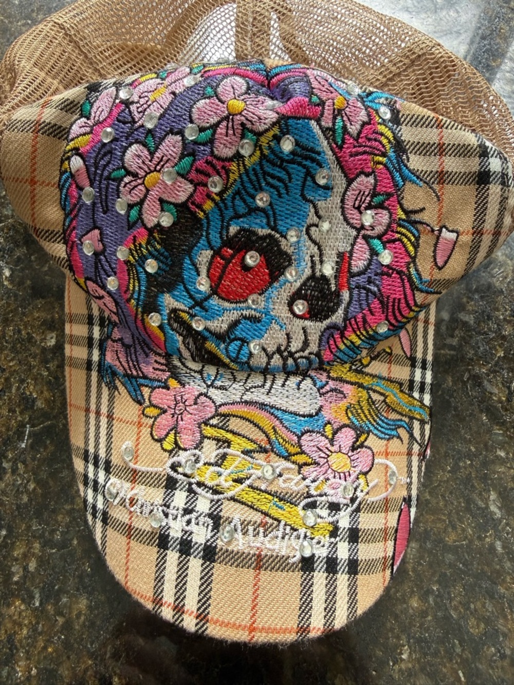 Ed Hardy Plaid Cap with Colorful Skull & Floral Embroidery